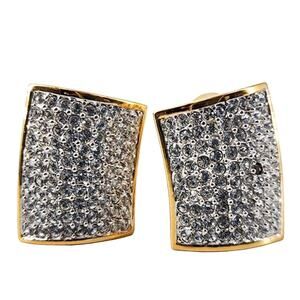 Vintage Swarovski Signed Pave Crystal Clip-On Earrings Gold Square Statement EUC